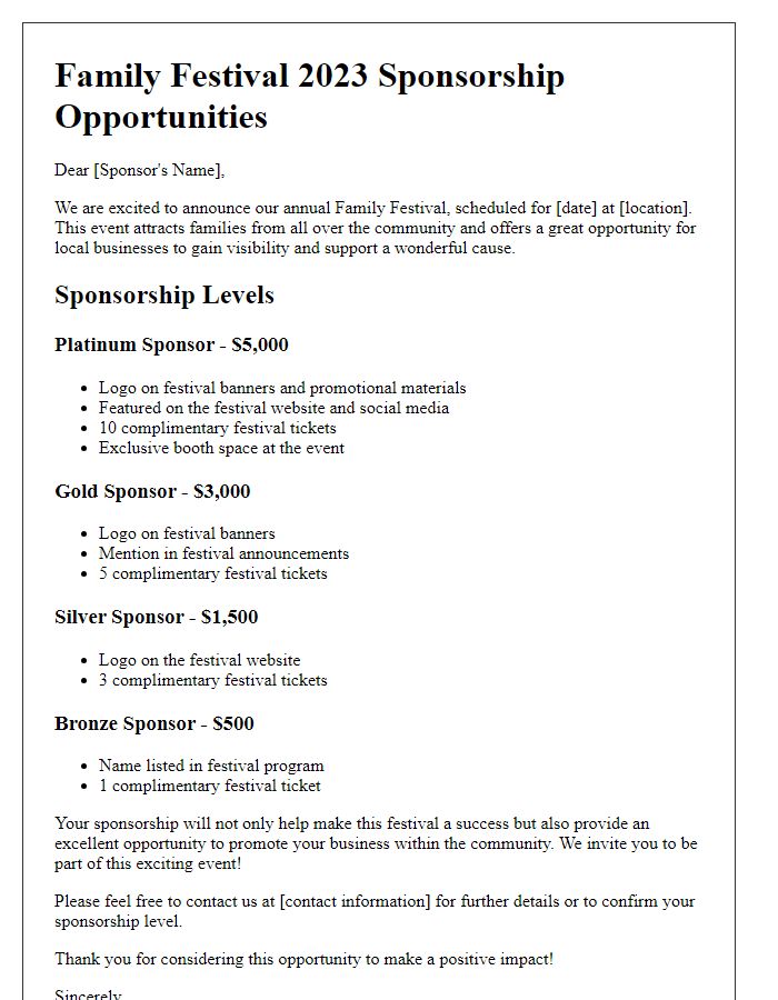 Letter template of sponsorship levels for family festival