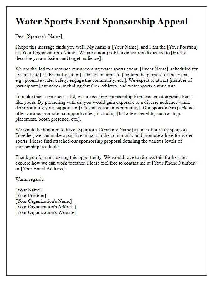 Letter template of water sports event sponsorship appeal for non-profit organizations.