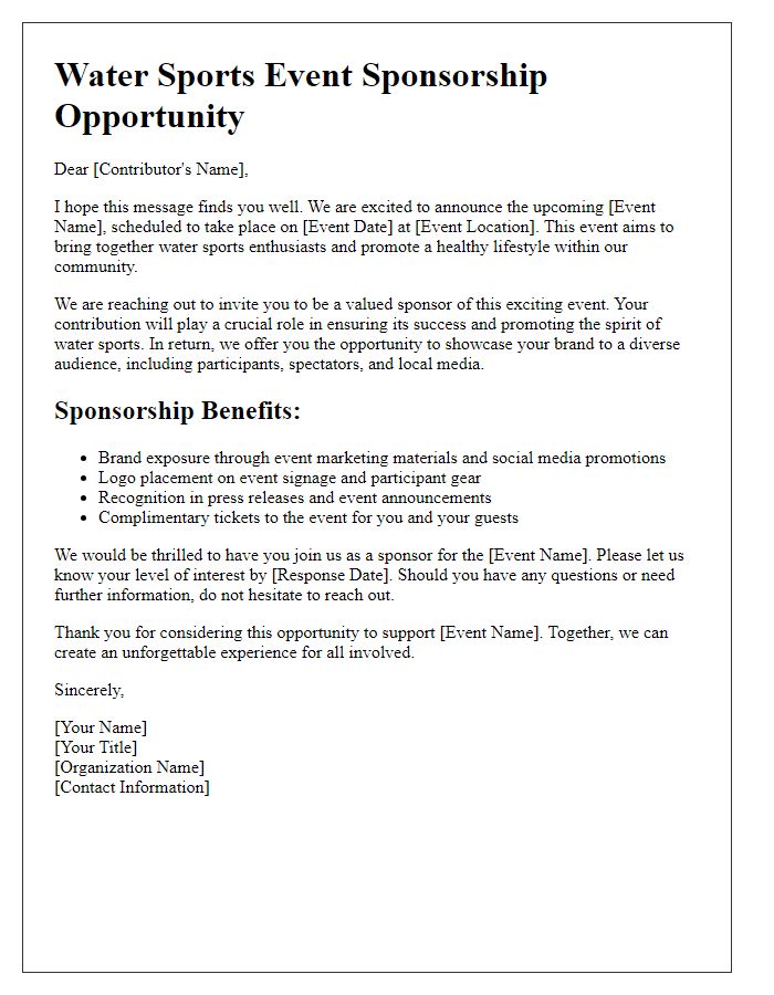 Letter template of water sports event sponsorship engagement for individual contributors.