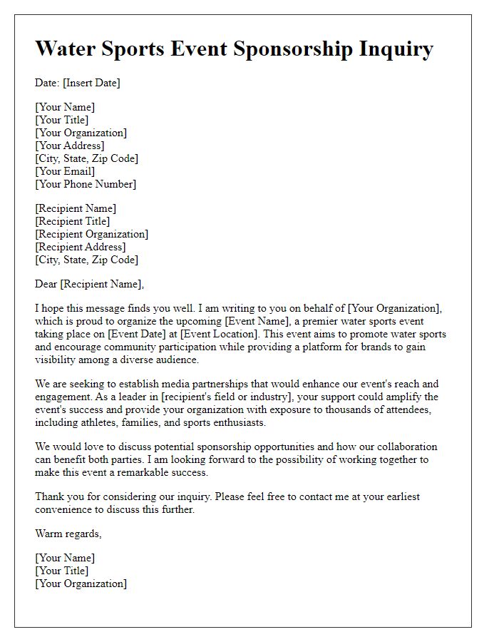 Letter template of water sports event sponsorship inquiry for media partnerships.