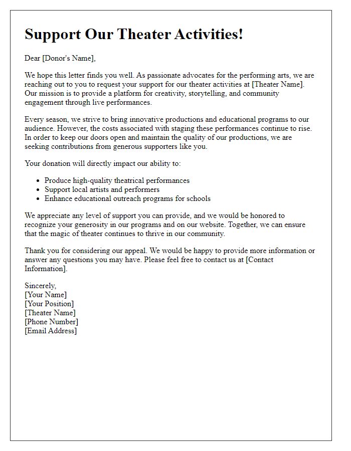 Letter template of appeal for donations to support theater activities