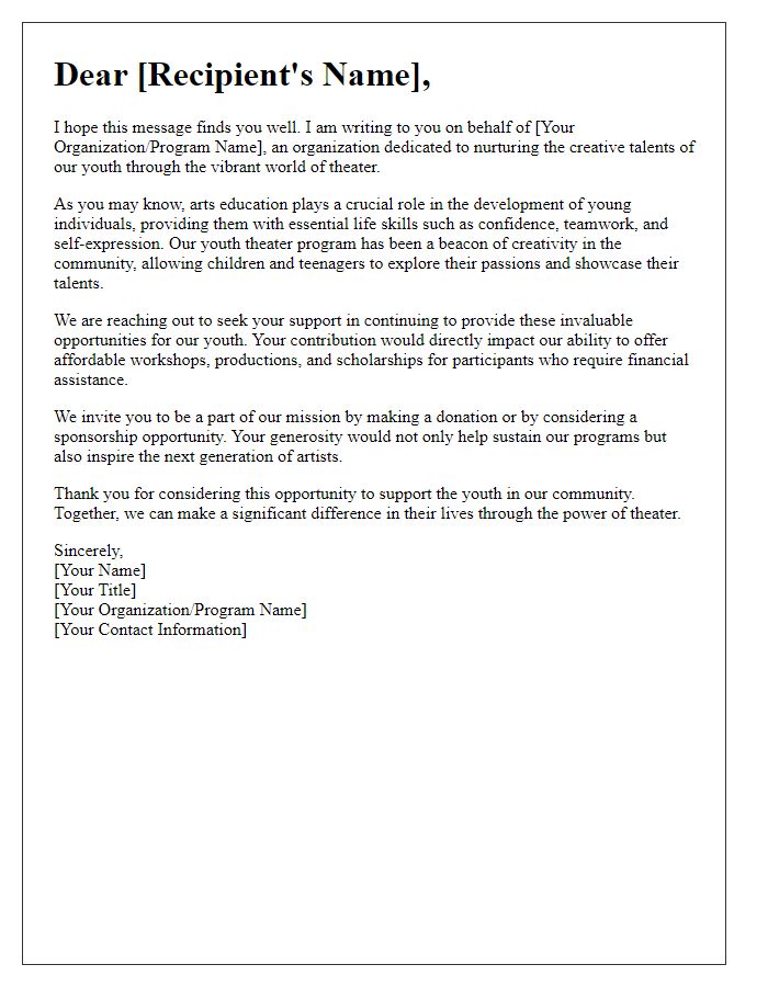 Letter template of support solicitation for youth theater programs