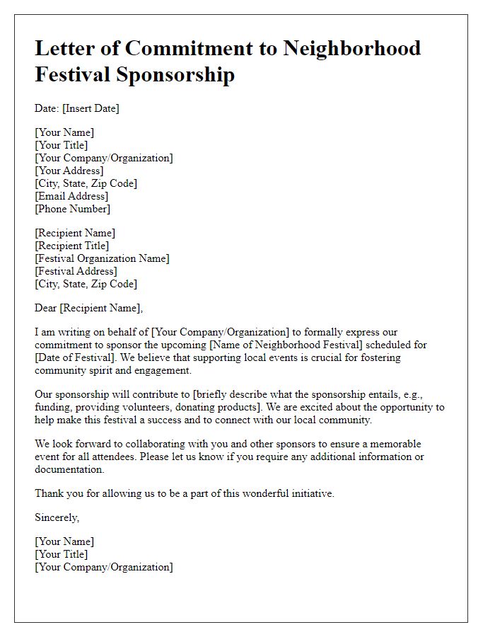 Letter template of commitment to neighborhood festival sponsorship