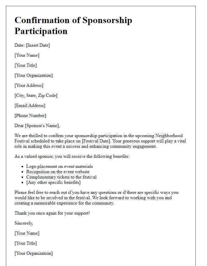 Letter template of confirmation for neighborhood festival sponsorship participation