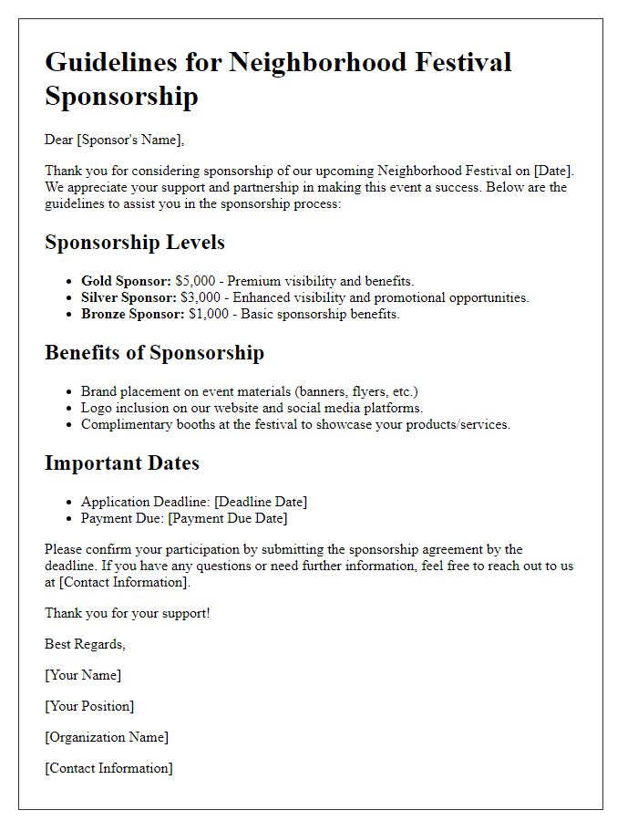 Letter template of guidelines for neighborhood festival sponsorship