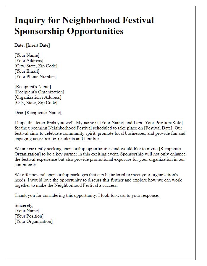 Letter template of inquiry for neighborhood festival sponsorship opportunities