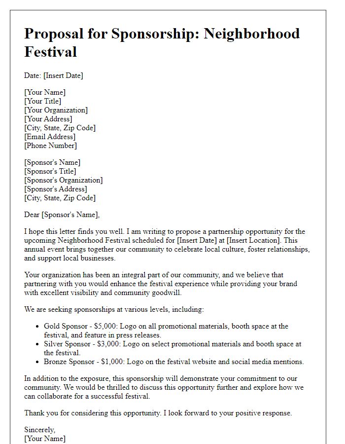 Letter template of proposal for neighborhood festival sponsorship