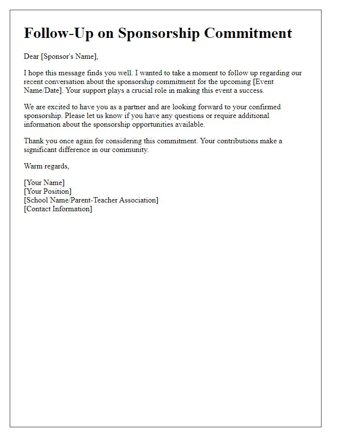 Letter template of follow-up for parent-teacher association sponsorship commitments.