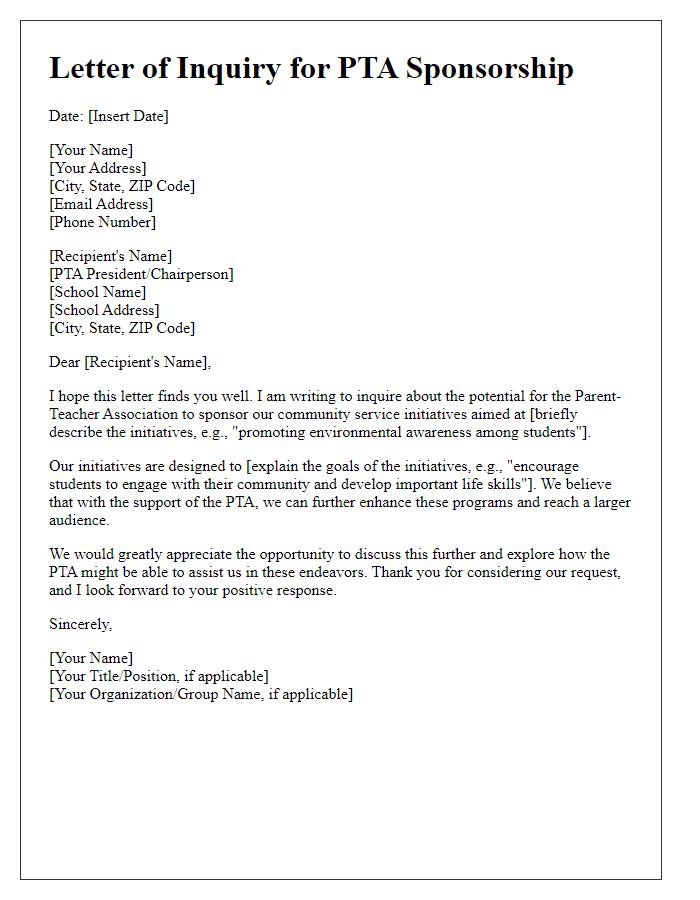 Letter template of inquiry for parent-teacher association sponsorship for community service initiatives.