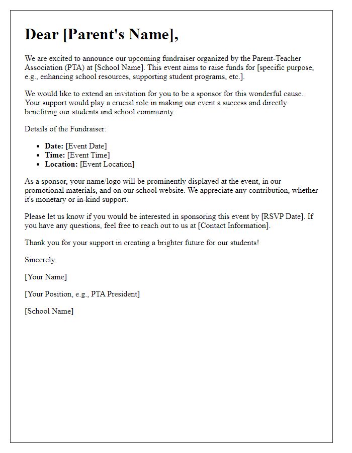 Letter template of invitation for parent-teacher association sponsorship for fundraisers.