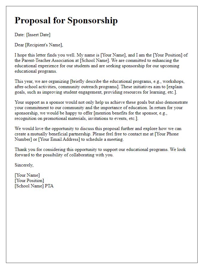 Letter template of proposal for parent-teacher association sponsorship for educational programs.