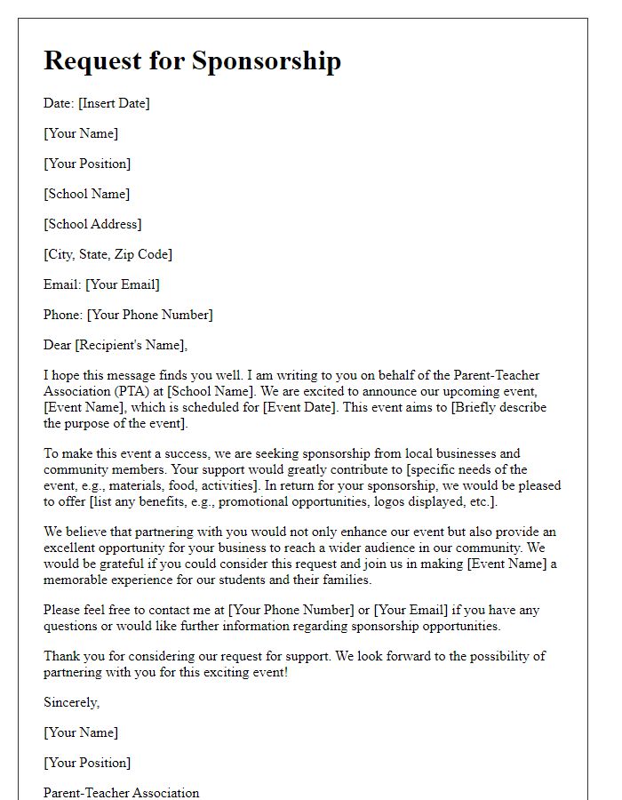 Letter template of request for parent-teacher association sponsorship for events.