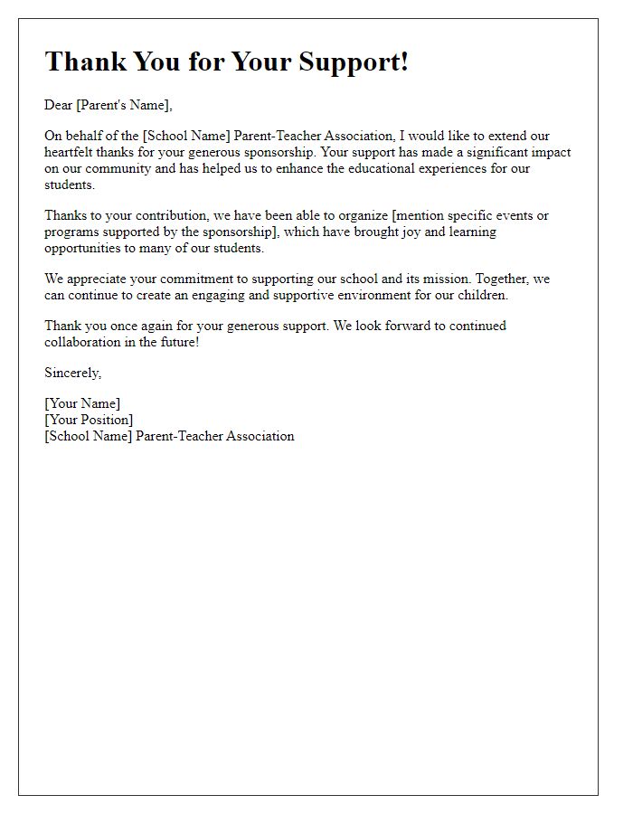 Letter template of thank you for parent-teacher association sponsorship support.