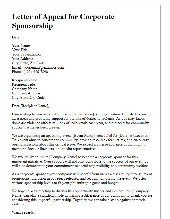 Letter template of appeal for corporate sponsorship for domestic violence awareness