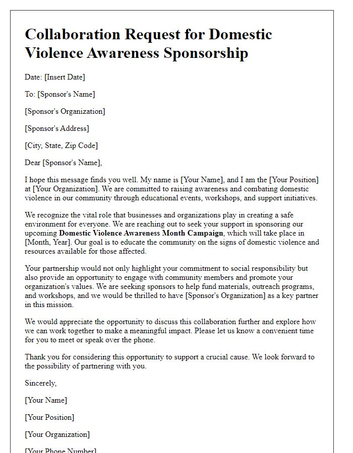 Letter template of collaboration request for domestic violence awareness sponsorship