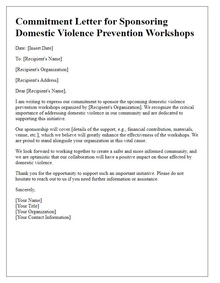 Letter template of commitment for sponsoring domestic violence prevention workshops