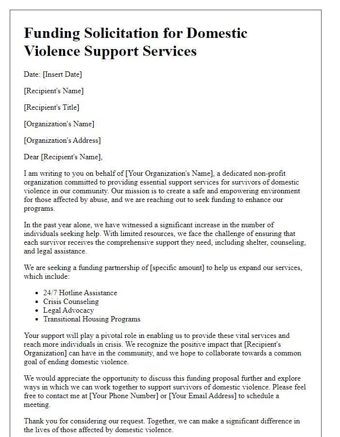 Letter template of funding solicitation for domestic violence support services