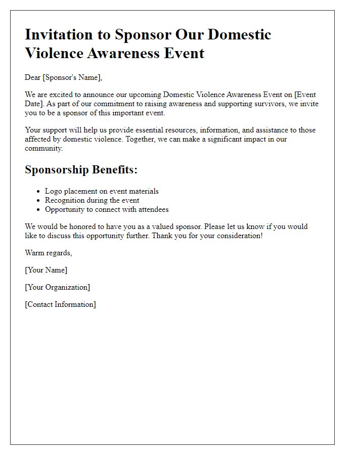 Letter template of invitation to sponsor domestic violence awareness events