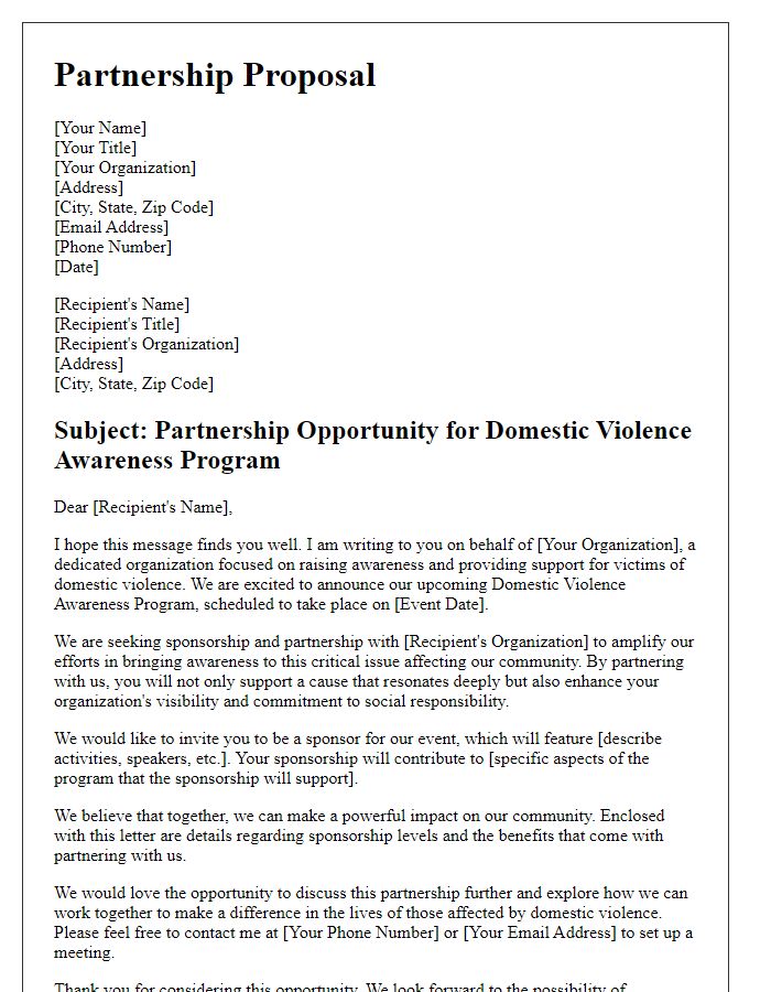 Letter template of partnership for domestic violence awareness program sponsorship