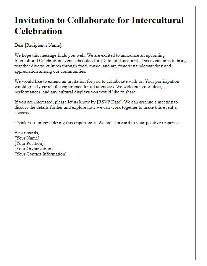 Letter template of collaboration invitation for an intercultural celebration.