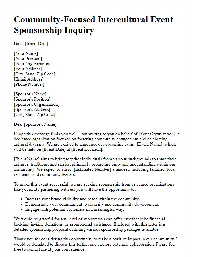 Letter template of community-focused intercultural event sponsorship inquiry.