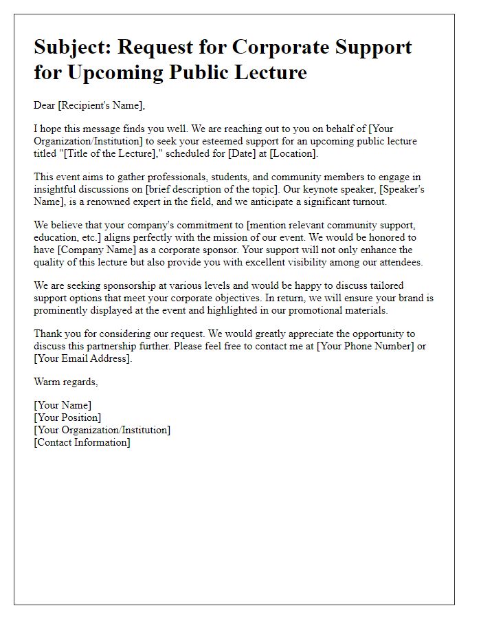 Letter template of corporate support appeal for public lecture.