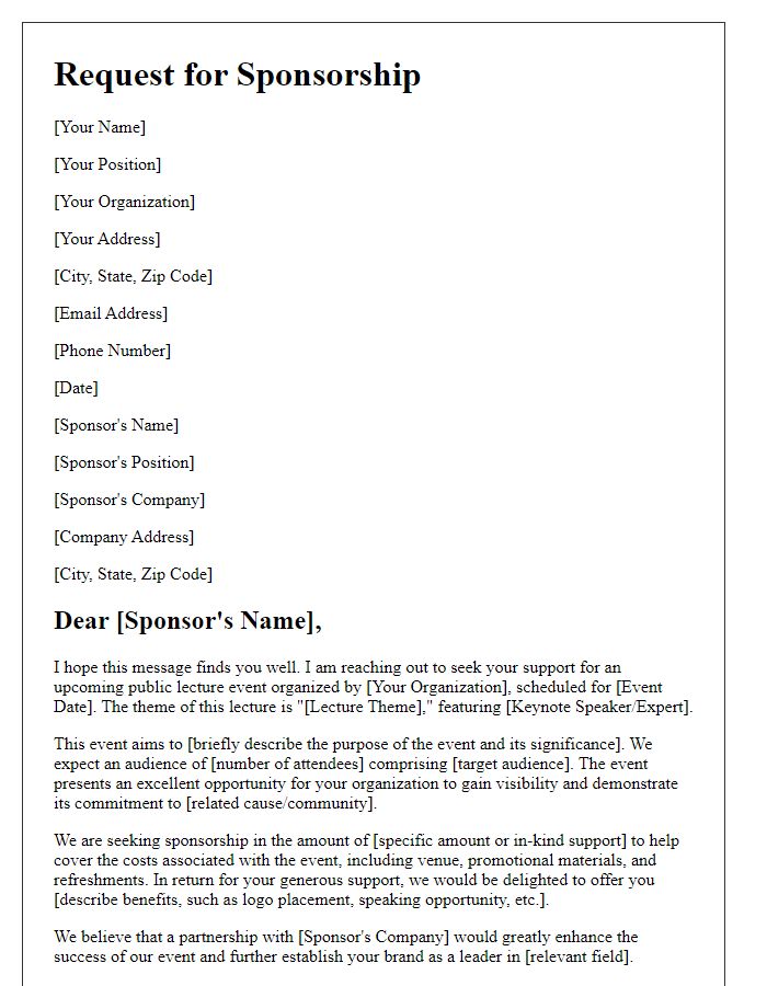 Letter template of sponsorship request for public lecture event.