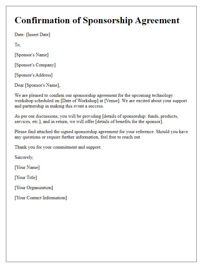 Letter template of confirmation for technology workshop sponsorship agreement.