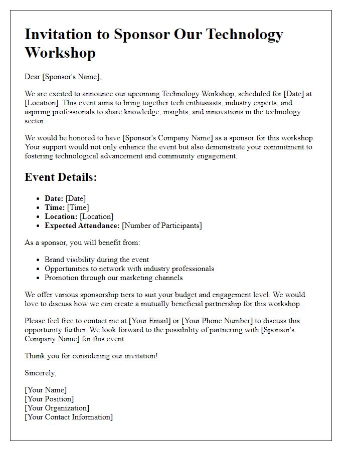 Letter template of invitation to sponsor a technology workshop event.