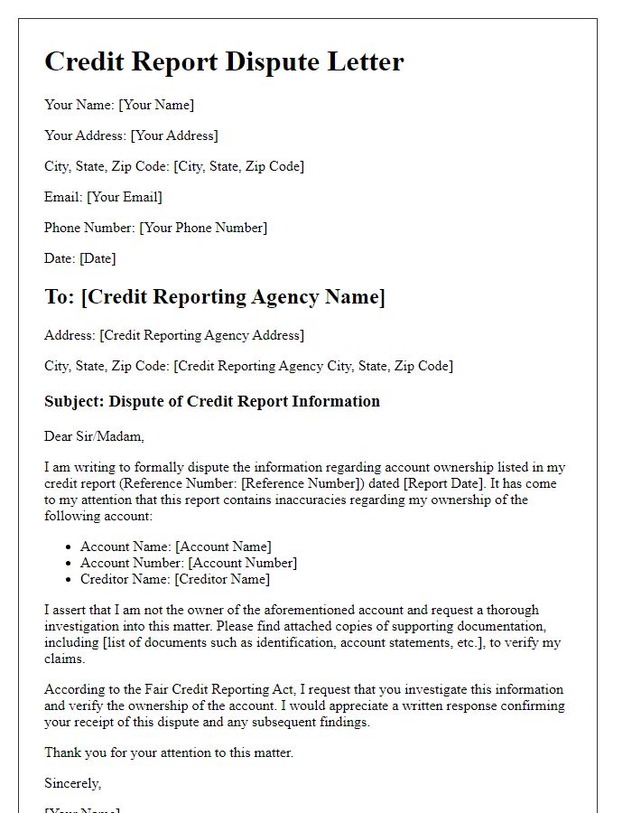 Letter template of credit report dispute for account ownership verification