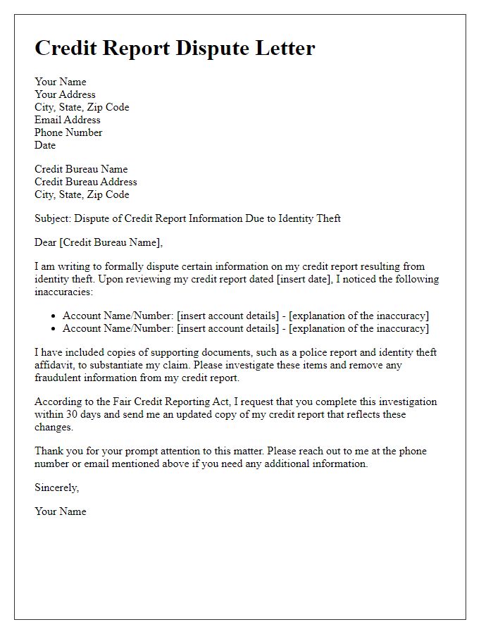 Letter template of credit report dispute for identity theft resolution