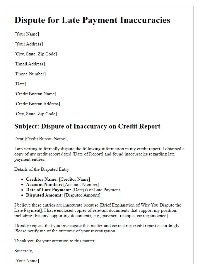 Letter template of credit report dispute for late payment inaccuracies