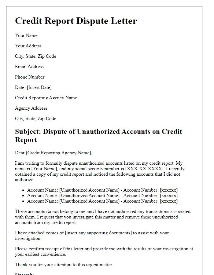 Letter template of credit report dispute for unauthorized accounts