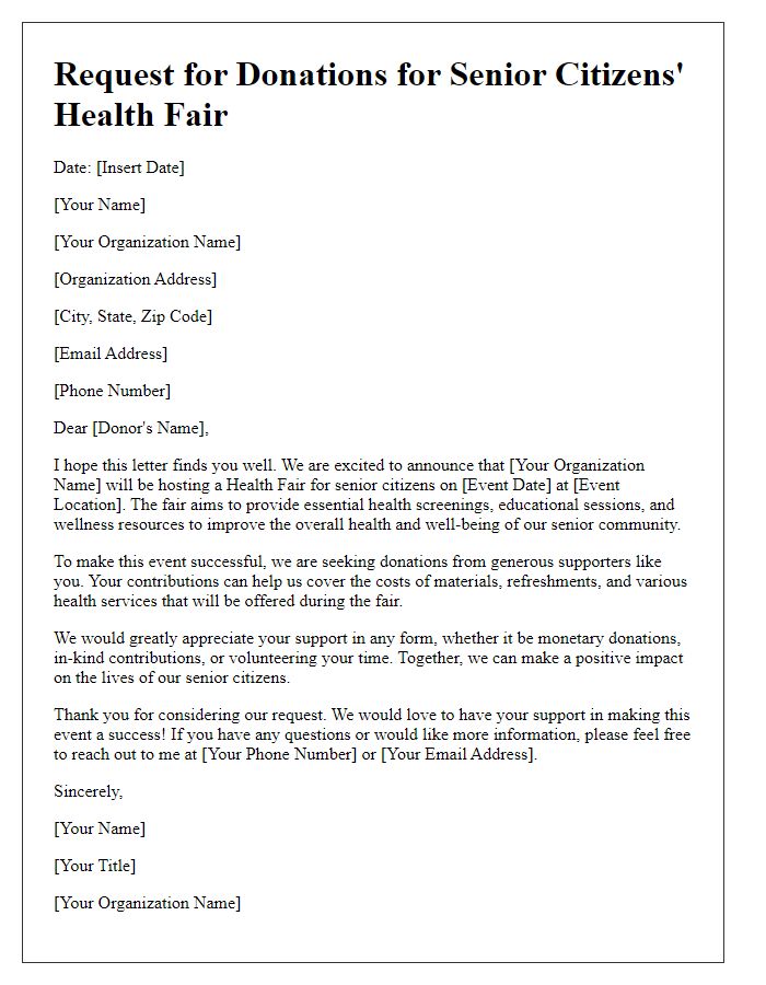 Letter template of donation request for senior citizens' health fair.