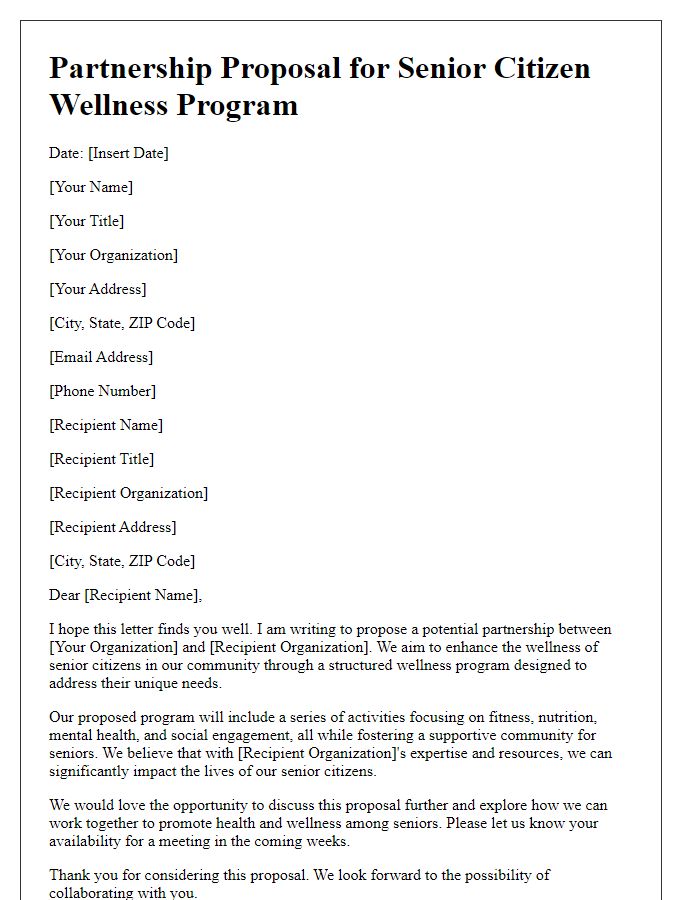 Letter template of partnership proposal for senior citizen wellness program.