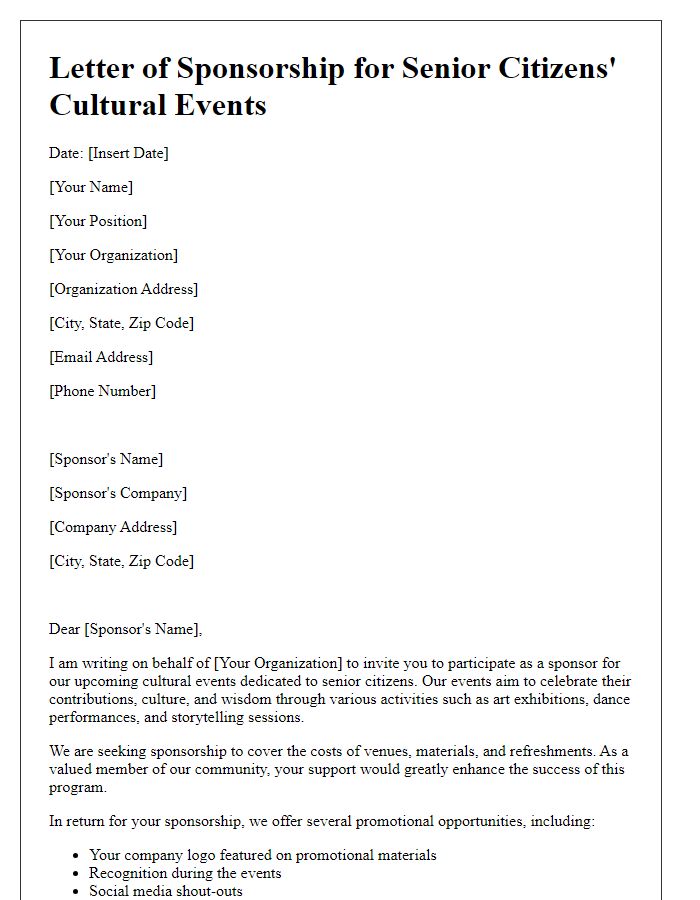 Letter template of sponsorship outline for senior citizens' cultural events.