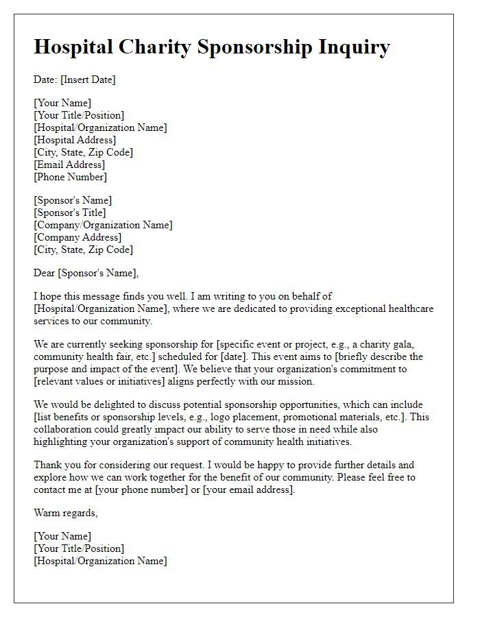 Letter template of hospital charity sponsorship inquiry