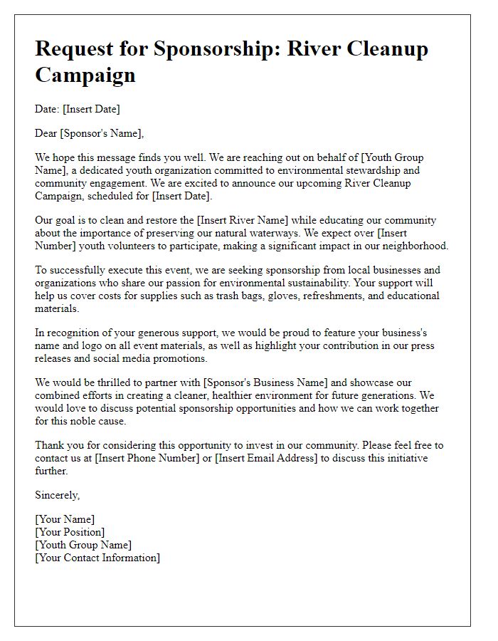 Letter template of river cleanup sponsorship campaign for youth groups.