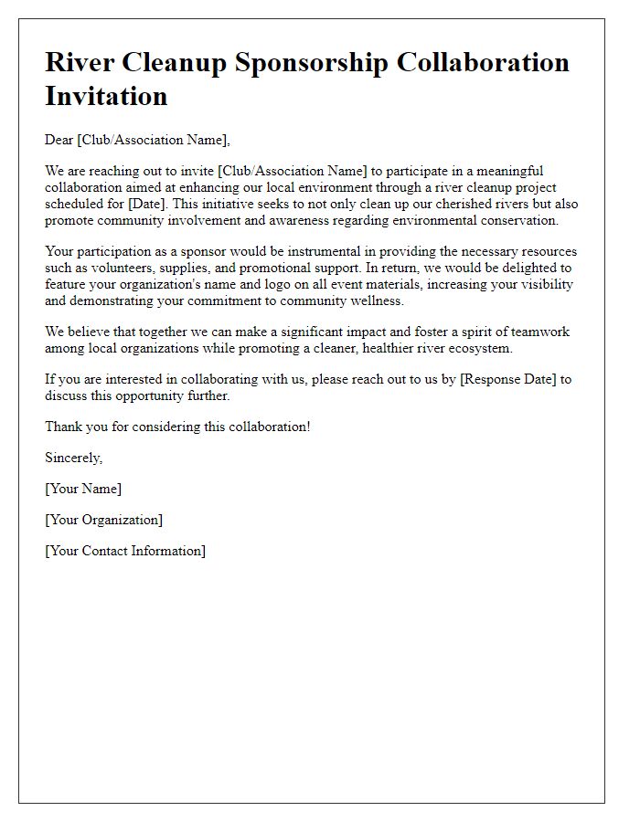 Letter template of river cleanup sponsorship collaboration for local clubs and associations.