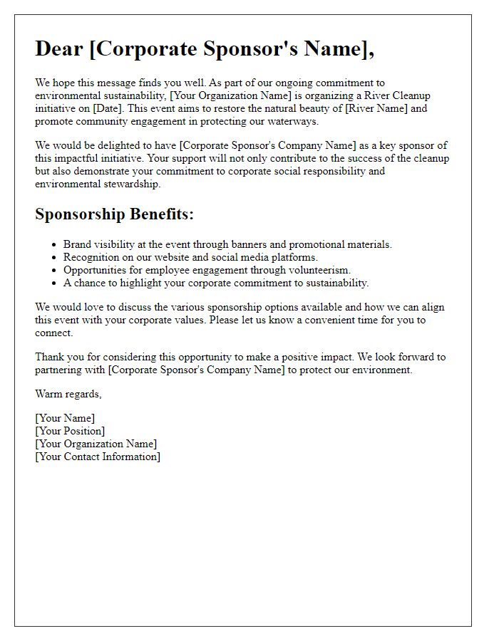 Letter template of river cleanup sponsorship engagement for corporate social responsibility initiatives.