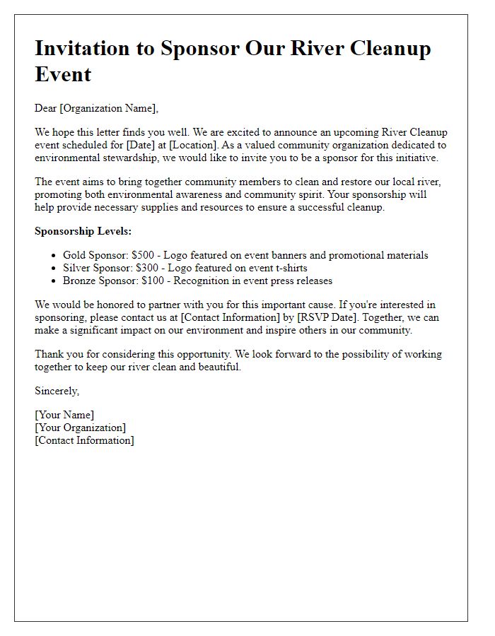 Letter template of river cleanup sponsorship invitation for community organizations.