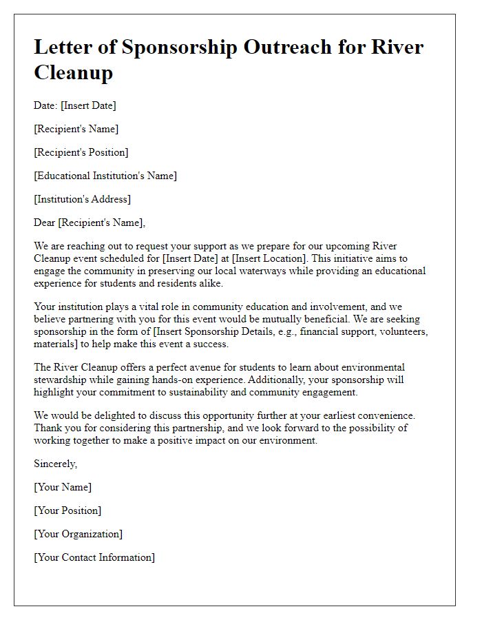 Letter template of river cleanup sponsorship outreach for educational institutions.