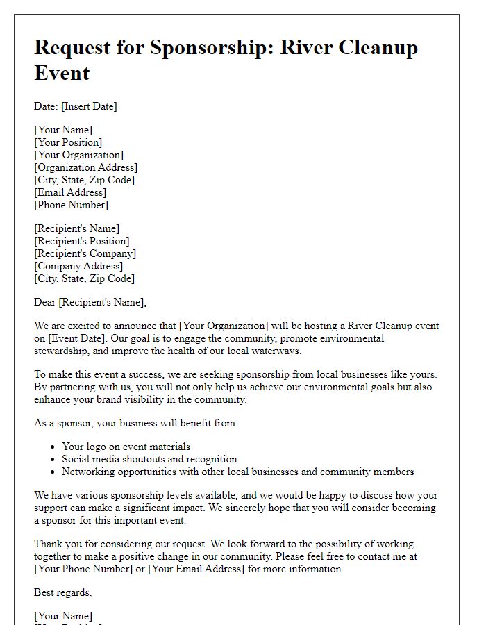 Letter template of river cleanup sponsorship request for businesses.