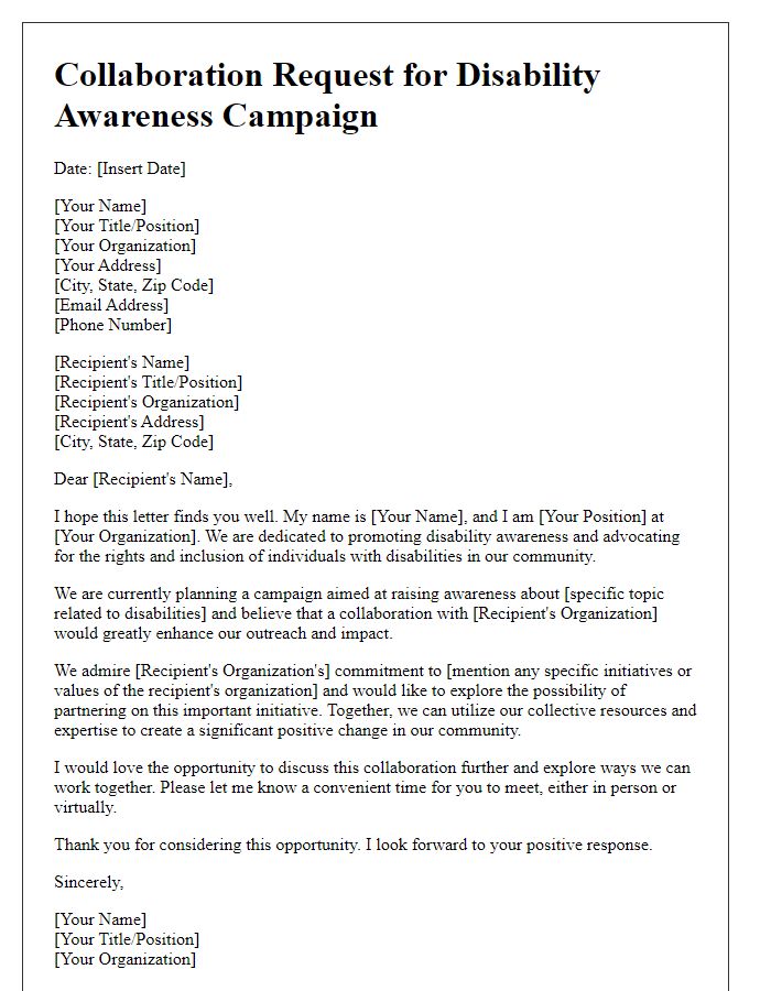 Letter template of collaboration request for disability awareness campaigns