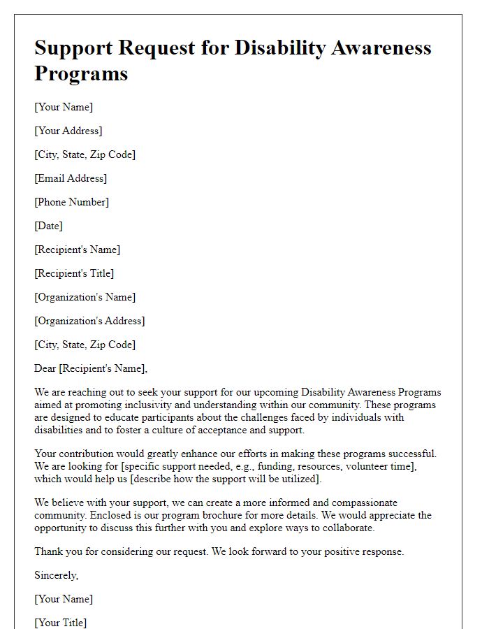 Letter template of support solicitation for disability awareness programs