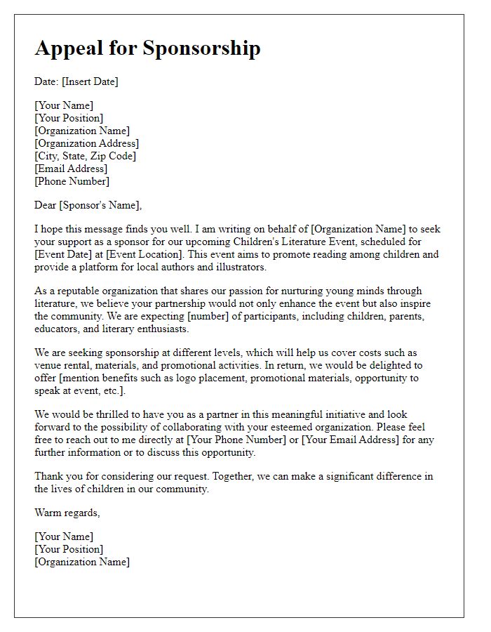 Letter template of appeal for sponsorship in a children's literature event.