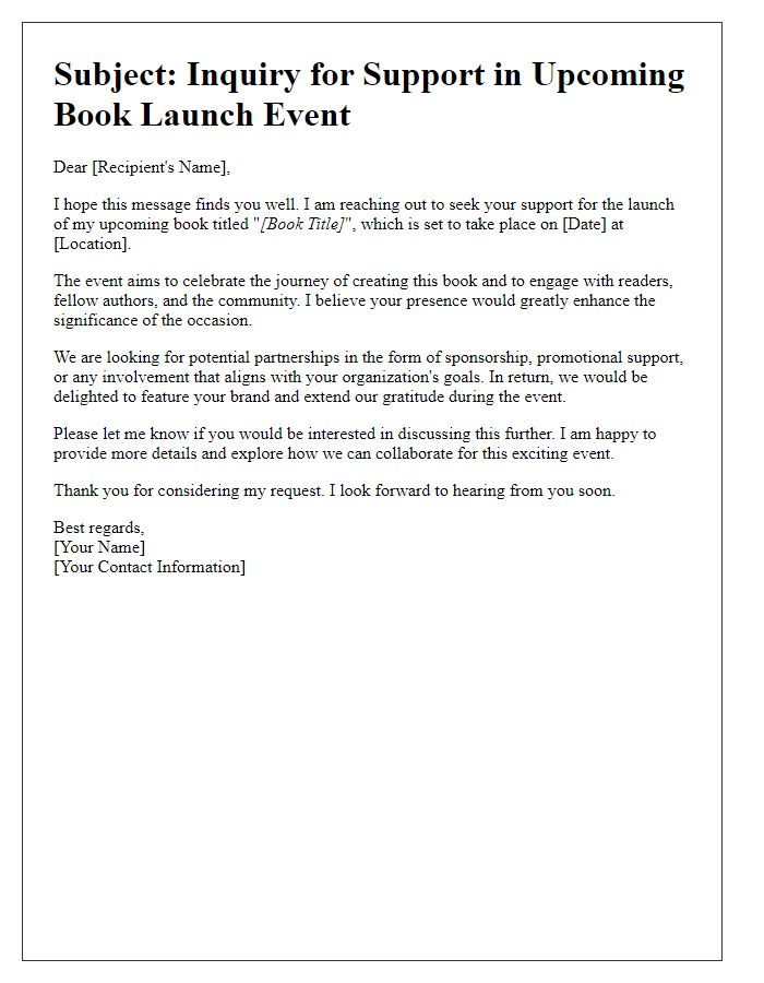 Letter template of inquiry for support in a book launch event.