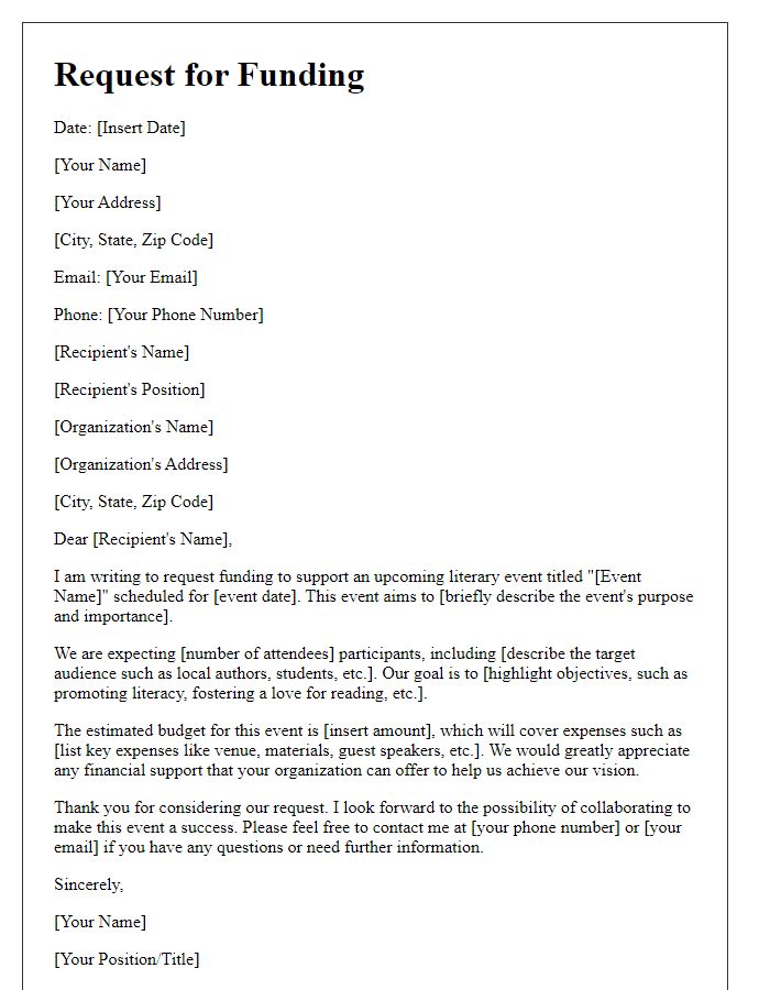 Letter template of request for literary event funding.