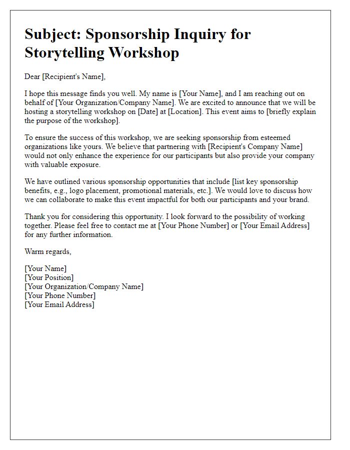 Letter template of sponsorship inquiry for a storytelling workshop.