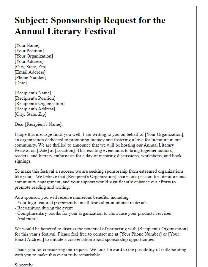 Letter template of sponsorship request for a literary festival.